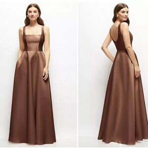 DESSY - Square-Neck Satin Maxi Dress with Full Skirt in Cognac